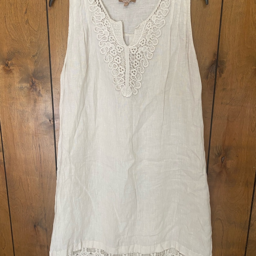 Linen-Blend Sleeveless Midi Dress with Lace Trim - Cream